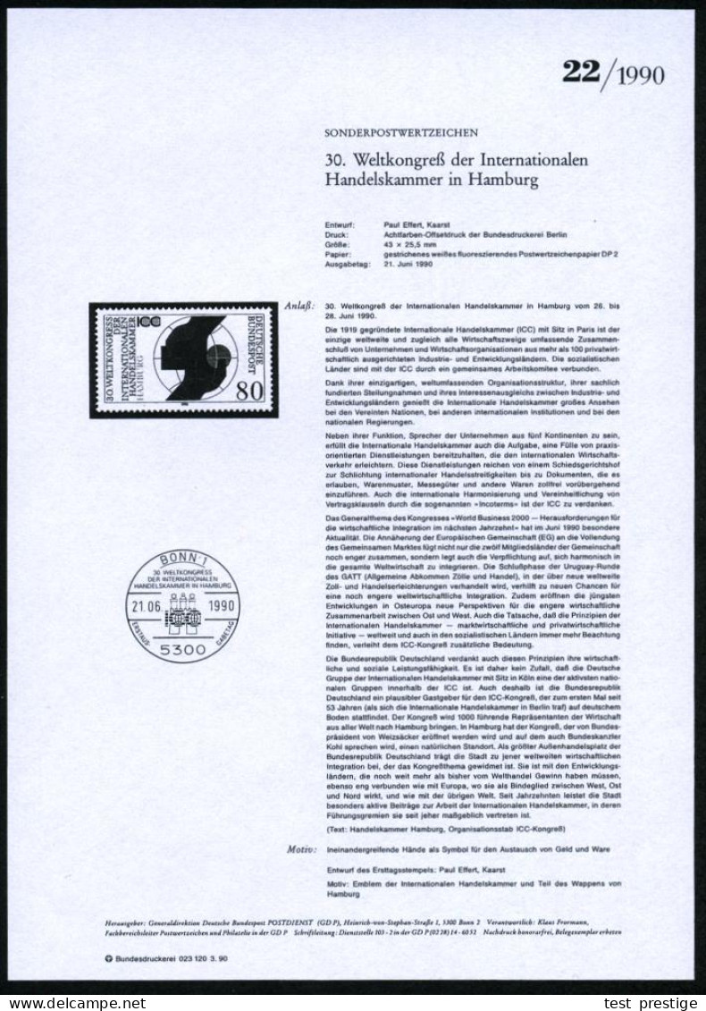 B.R.D. 1990 (Juni) 80 Pf. "30. Weltkongreß Der Internat. Handelskammer" (ICC) In Hamburg Mit Amtl. Handstempel  "M U S T - Sonstige & Ohne Zuordnung