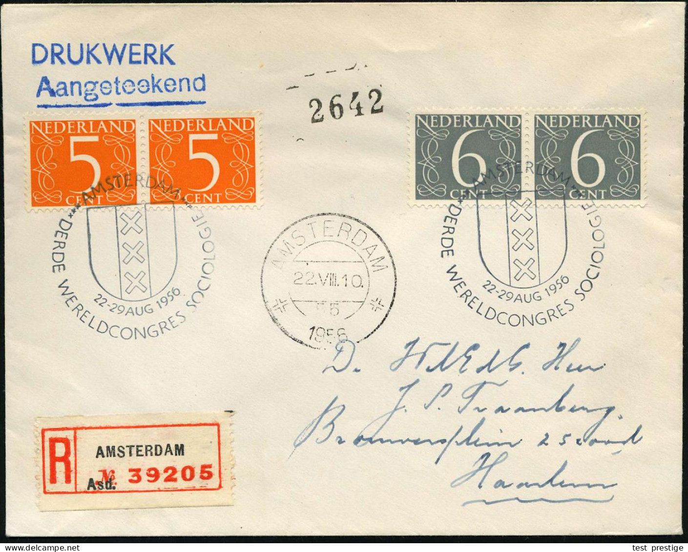 NIEDERLANDE 1956 (22.8.) SSt: AMSTERDAM/DERDE WERELDCONGRES SOCIOLOGIE (= 3.Welt-Soziologie-Kongreß) + RZ: AMSTERDAM/asd - Other & Unclassified
