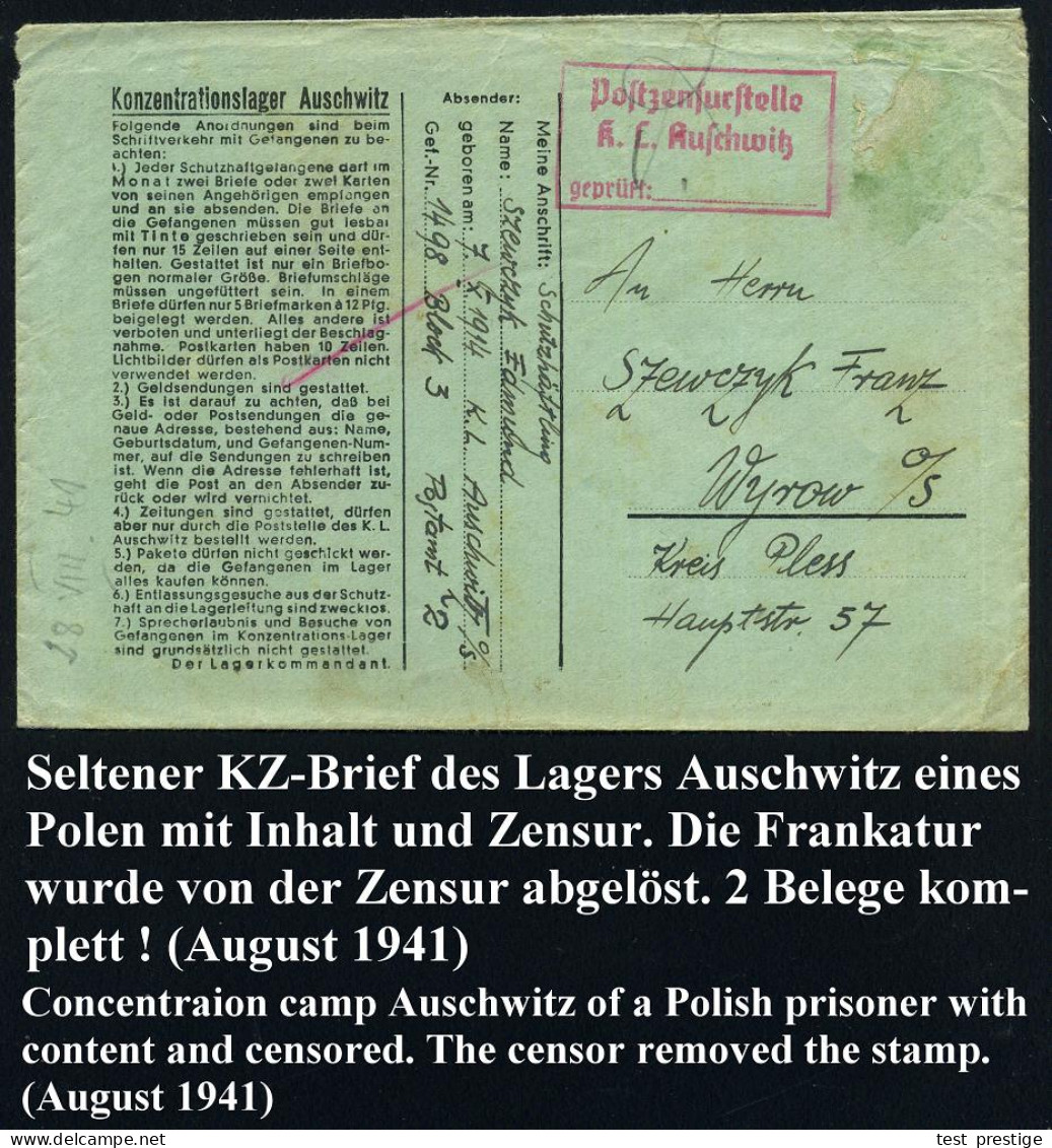 Auschwitz (Oberschles.) 1941 (31.8.) Blauer Vordr.-Bf.: Konzentrationslager Auschwitz Mit 7 Regeln Der Lagerordnung, Fra - Judaika, Judentum