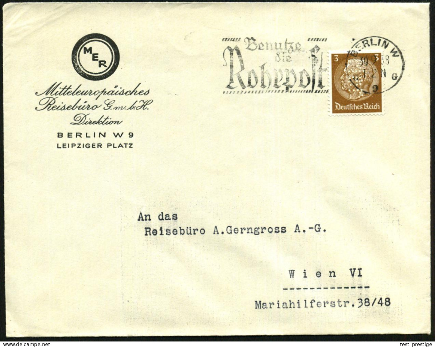 Berlin W 9 1938 3 Pf. Hindenbg. Mit Firmenlochung "M E R" = M Ittel-Europäisches Reisebüro Auf Firmen-Inl.-Bf.: M E R, D - Jewish