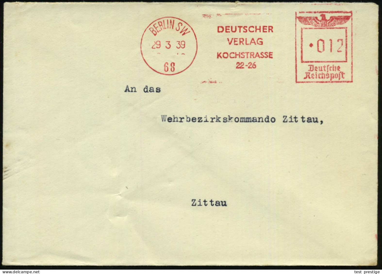 BERLIN SW/ 68/ DEUTSCHER/ VERLAG/ KOCHSTRASSE/ 22-26 1939 (29.3.) AFS Francotyp "Reichsadler" = "arisierter" Ullstein-Ve - Judaisme