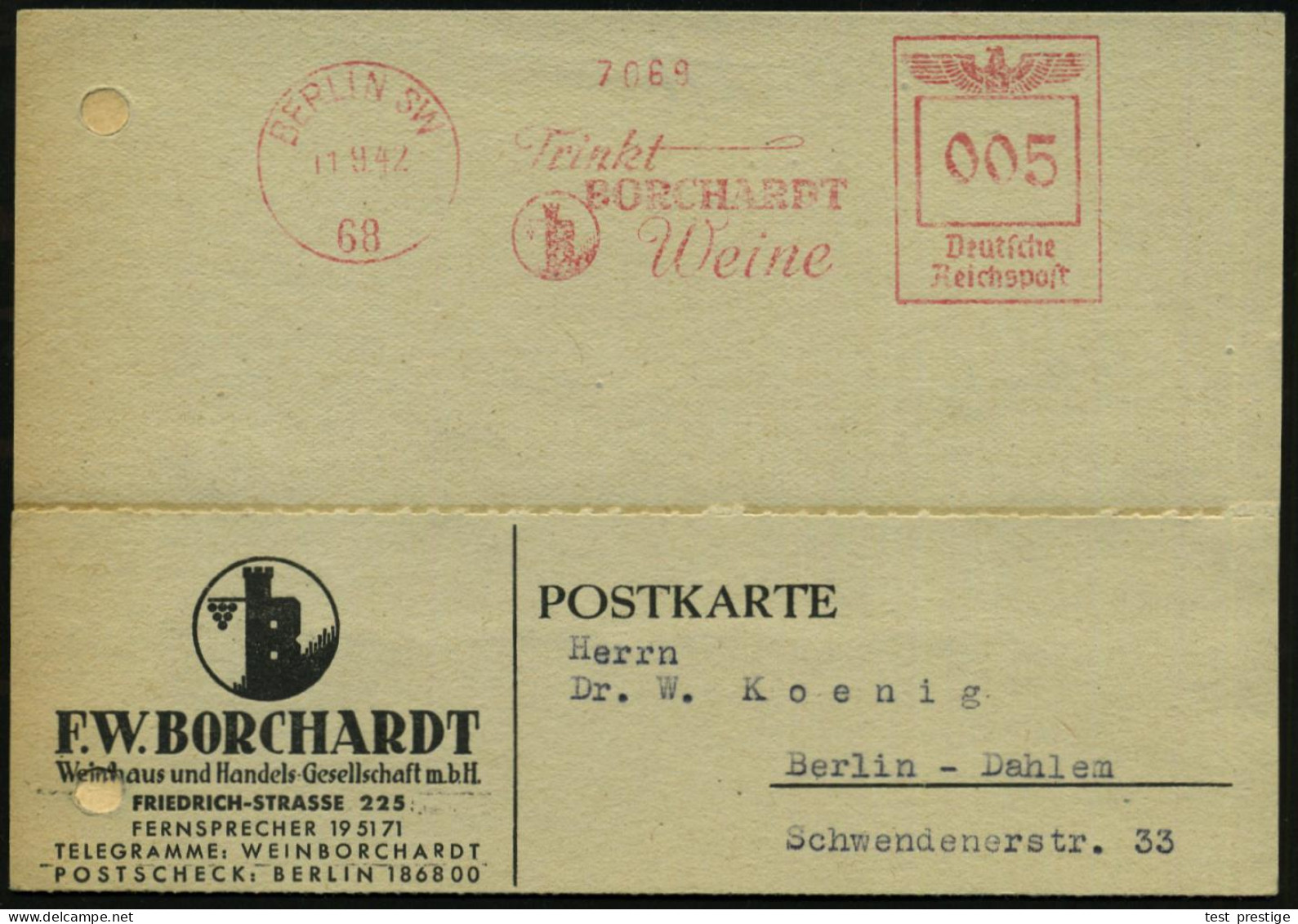 BERLIN SW/ 68/ Trinkt/ BORCHARDT/ Weine 1942 (11.9.) Seltener AFS Francotyp = "arisierte" Fa. Kempinski, Fast Unveränder - Jewish