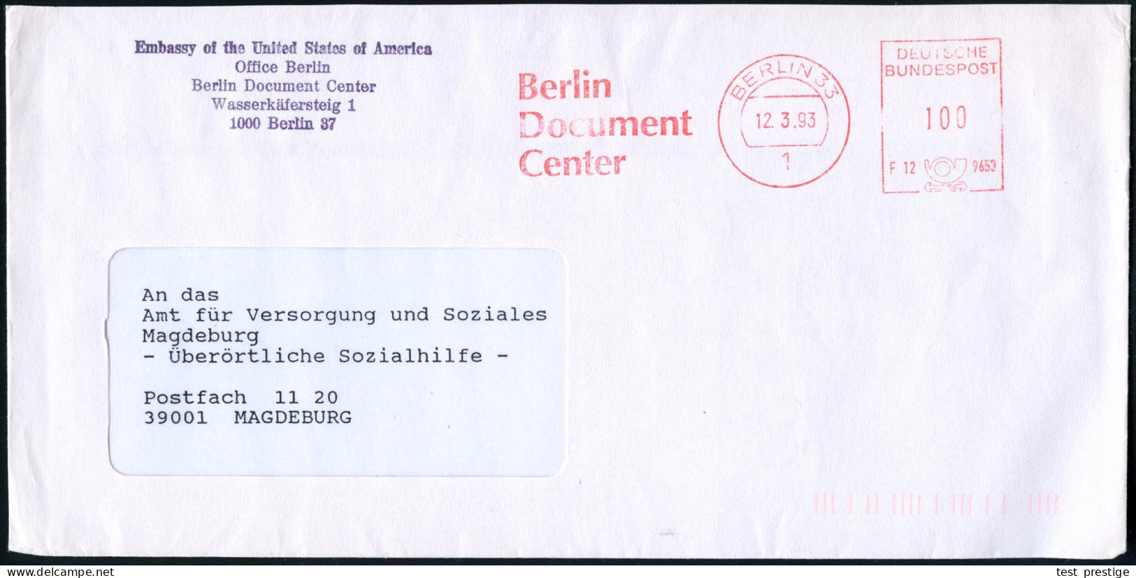 1 BERLIN 33/ F12 9653/ Berlin/ Document/ Center 1993 (20.4.) Seltener AFS + Viol. Abs.-4L: Embassy Of The USA.. Berlin D - Judaika, Judentum