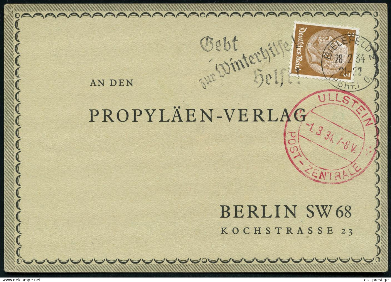 BIELEFELD 2/ (Hbhf.) 0./ Gebt/ Zur Winterhilfe!/ Helft! 1934 (28.2.) MaWSt Auf Antwort-Kt. Des Propyläen-Verlages = Jüdi - Judaísmo