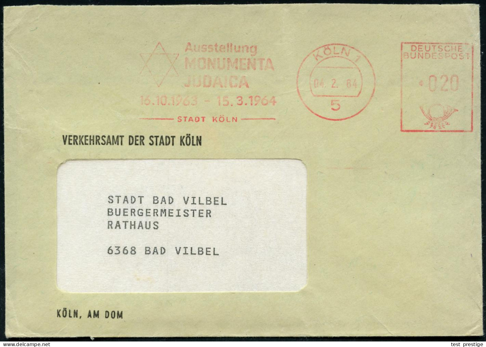 5 KÖLN 1/ Ausstellung/ MONUMENTA/ JUDAICA../ STADT KÖLN 1964 (6.1.) Seltener AFS = Davidstern (AFS Wie Meist Etw. Abgenu - Judaisme