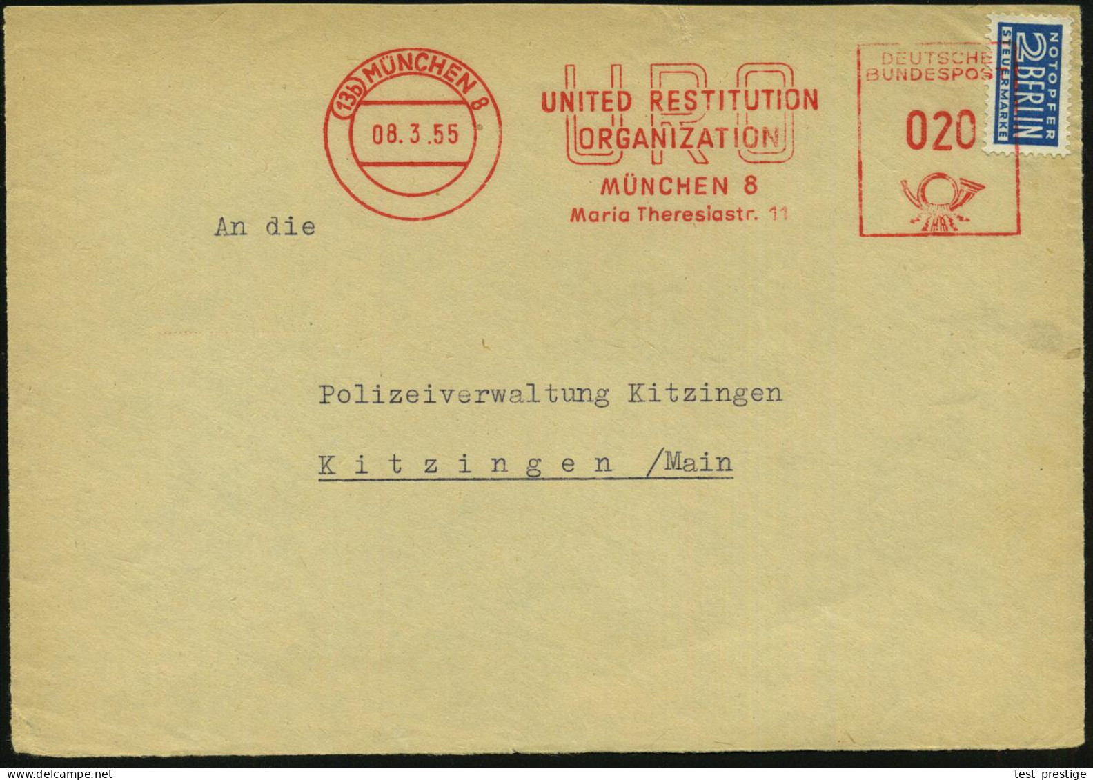 (13b) MÜNCHEN 8/ URO/ UNITED RESTITUTION/ ORGANIZATION.. 1955 (8.3.) AFS = Wiedergutmachungs-Behörde Auf 2 Pf. NoB (VE)  - Judaisme