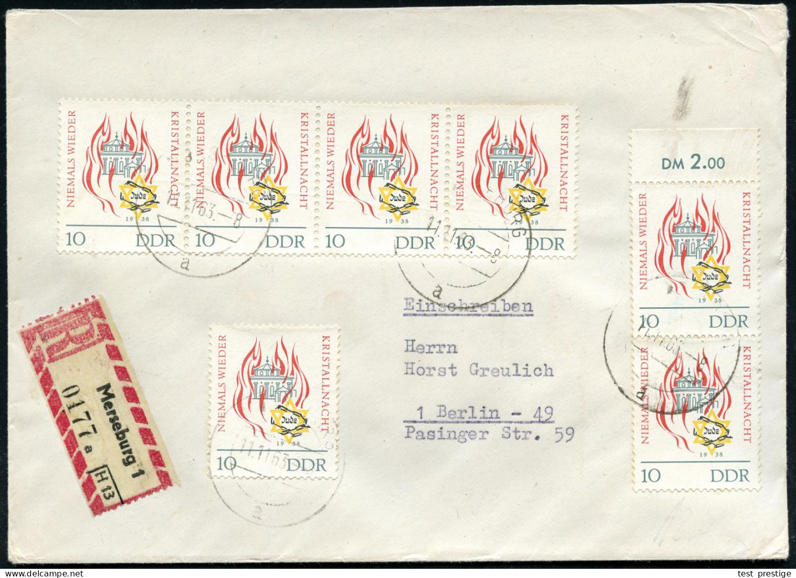 D.D.R. 1963 (11.11.) 10 Pf. "25. Jahrestag Progromnacht", 4er-Streifen, Rand-Paar + Einzelstück (7 Marken Wie MeF Gekleb - Judaísmo