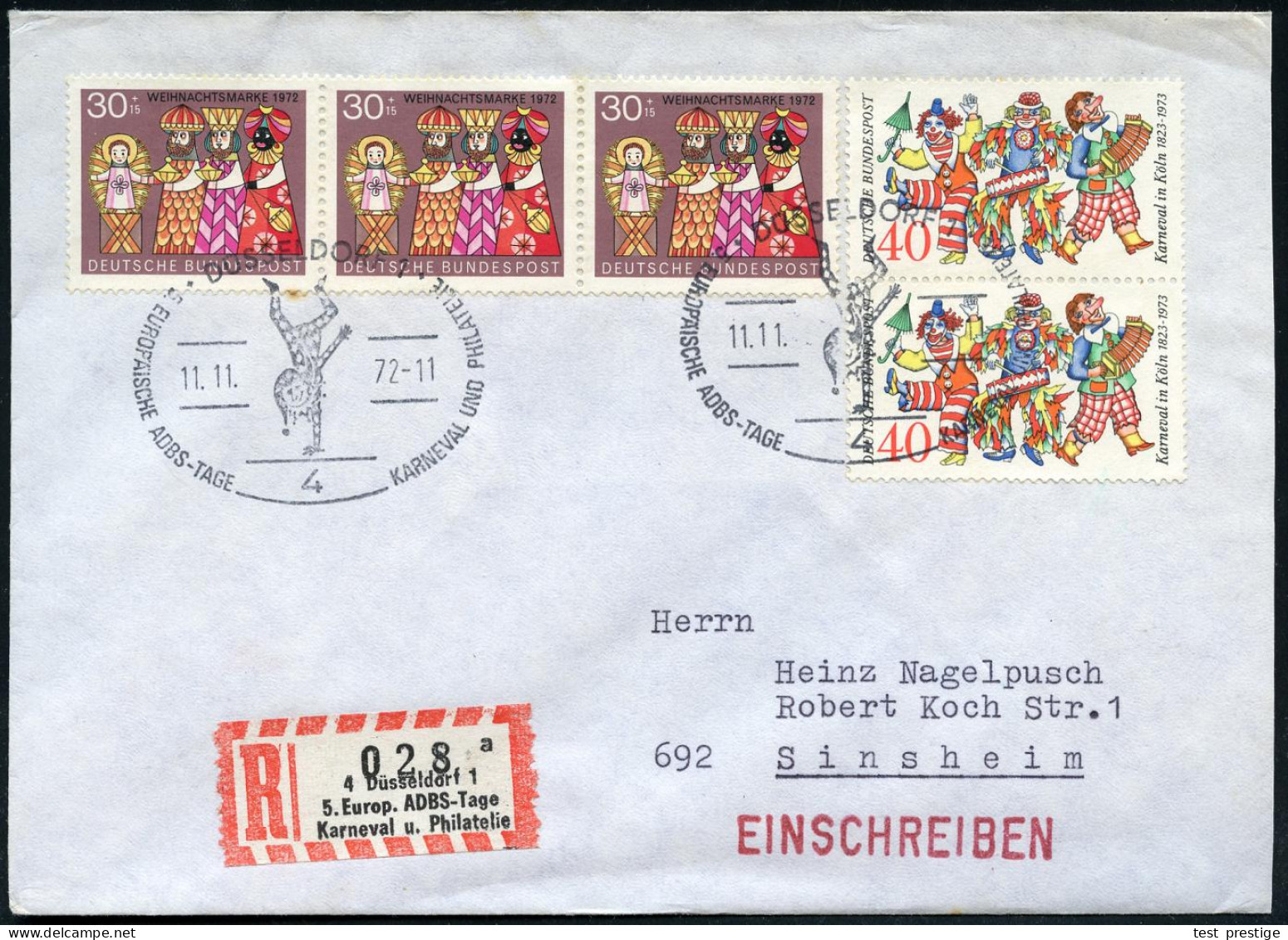 4 DÜSSELDORF 1/ ..KARNEVAL U.PHILATELIE 1972 (11.11.) SSt = Narr (macht Handstand) Auf 2x 40 Pf. Karneval (Mi.748 U.a.)  - Karnaval