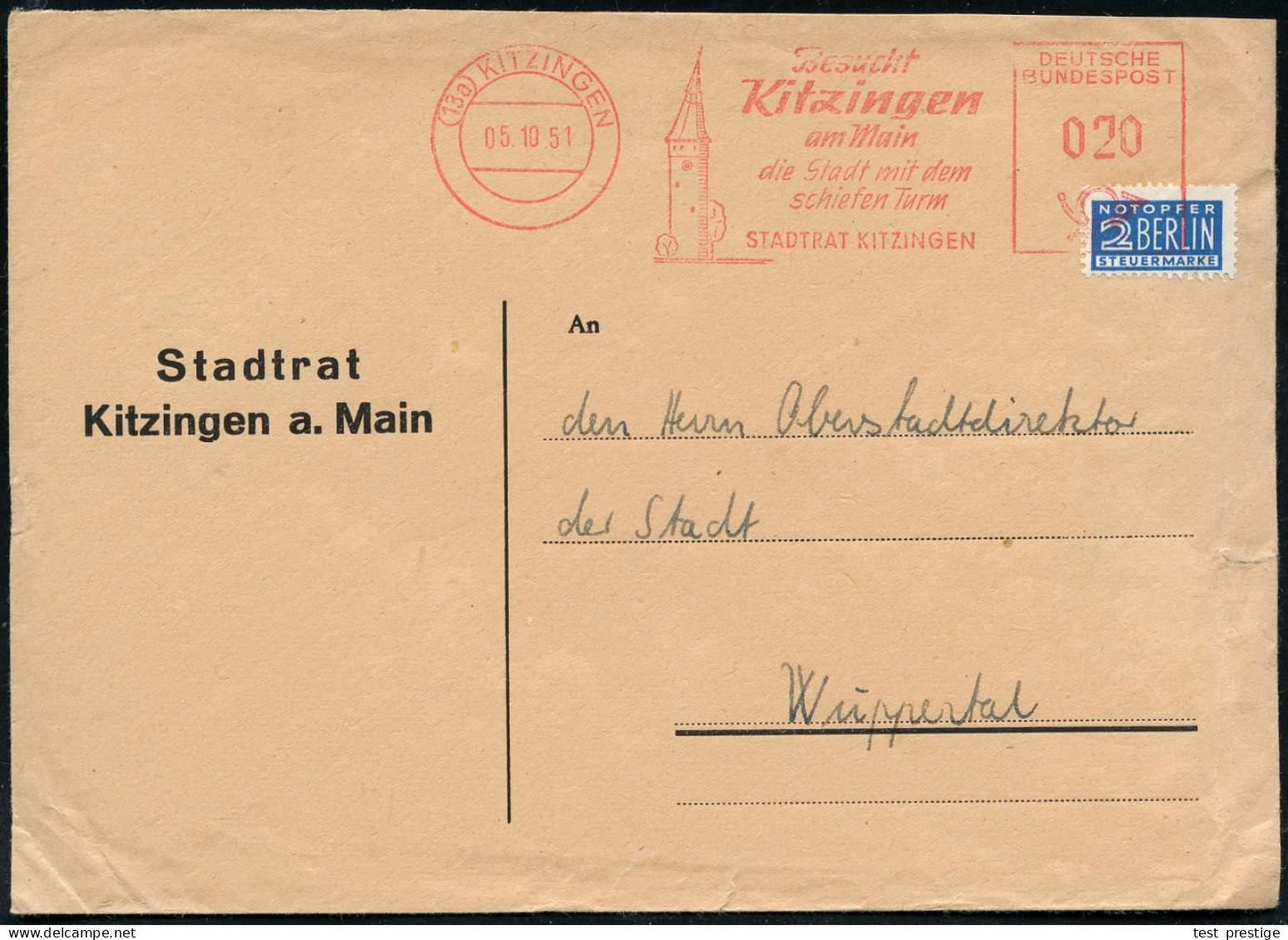 (13a) KITZINGEN/ Besucht/ Kitzingen/ ..mit Dem/ Schiefen Turm/ STADRAT.. 1951 (5.10.) AFS Francotyp = "Schiefer Turm" =  - Karnaval