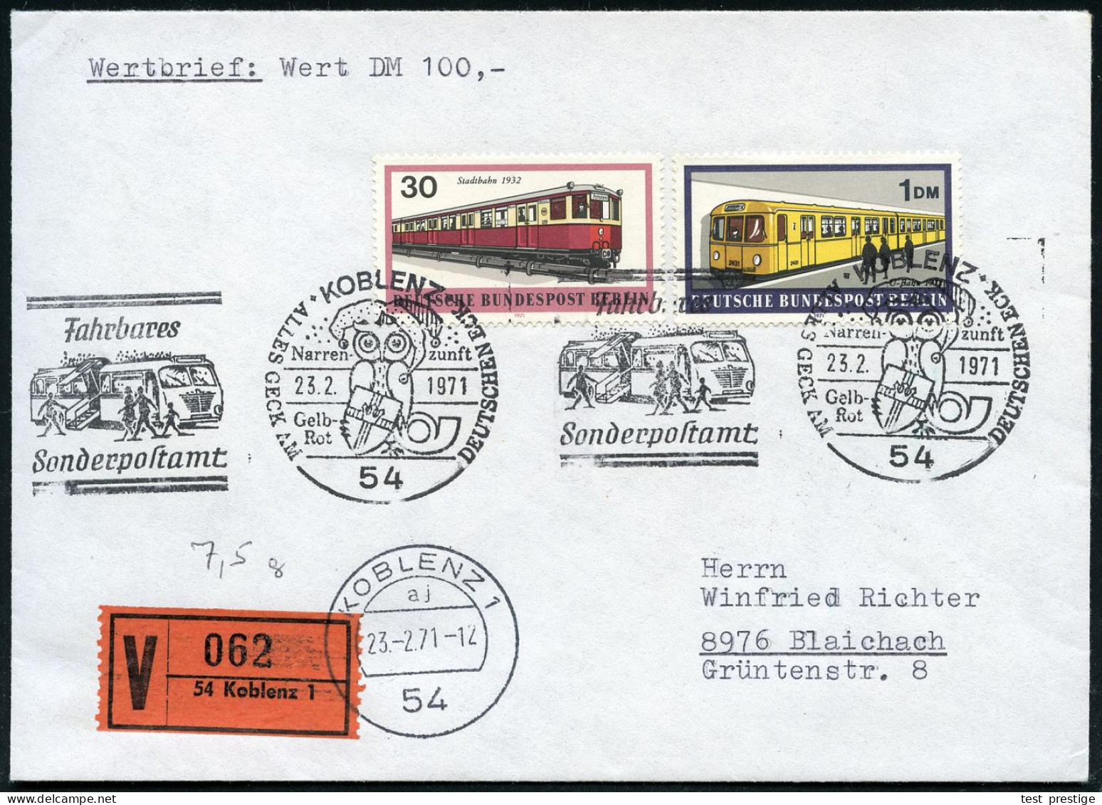 54 KOBLENZ/ Fahrb./ Sonderpostamt/ Narrenzunft/ Gelb-/ Rot.. 1971 (23.2.) FaWSt (Eule M.Narrenkappe/Büssing-Omnibus) 2x  - Carnival