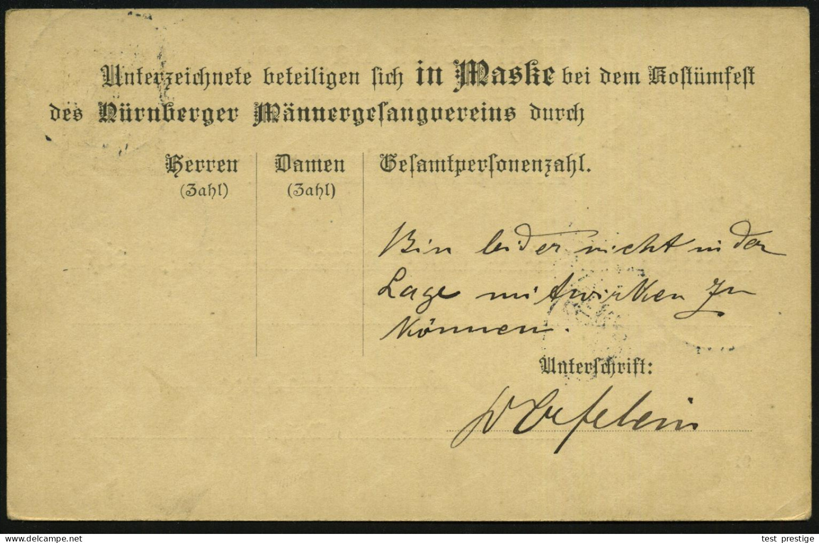 NÜRNBERG 1892 (30.1.) 1K: NUERNBERG Auf Orts-P 3 Pf. Rauten , Vs./rs. Zudruck: Einladung Zum Maskenball (Nürnberger Männ - Carnaval