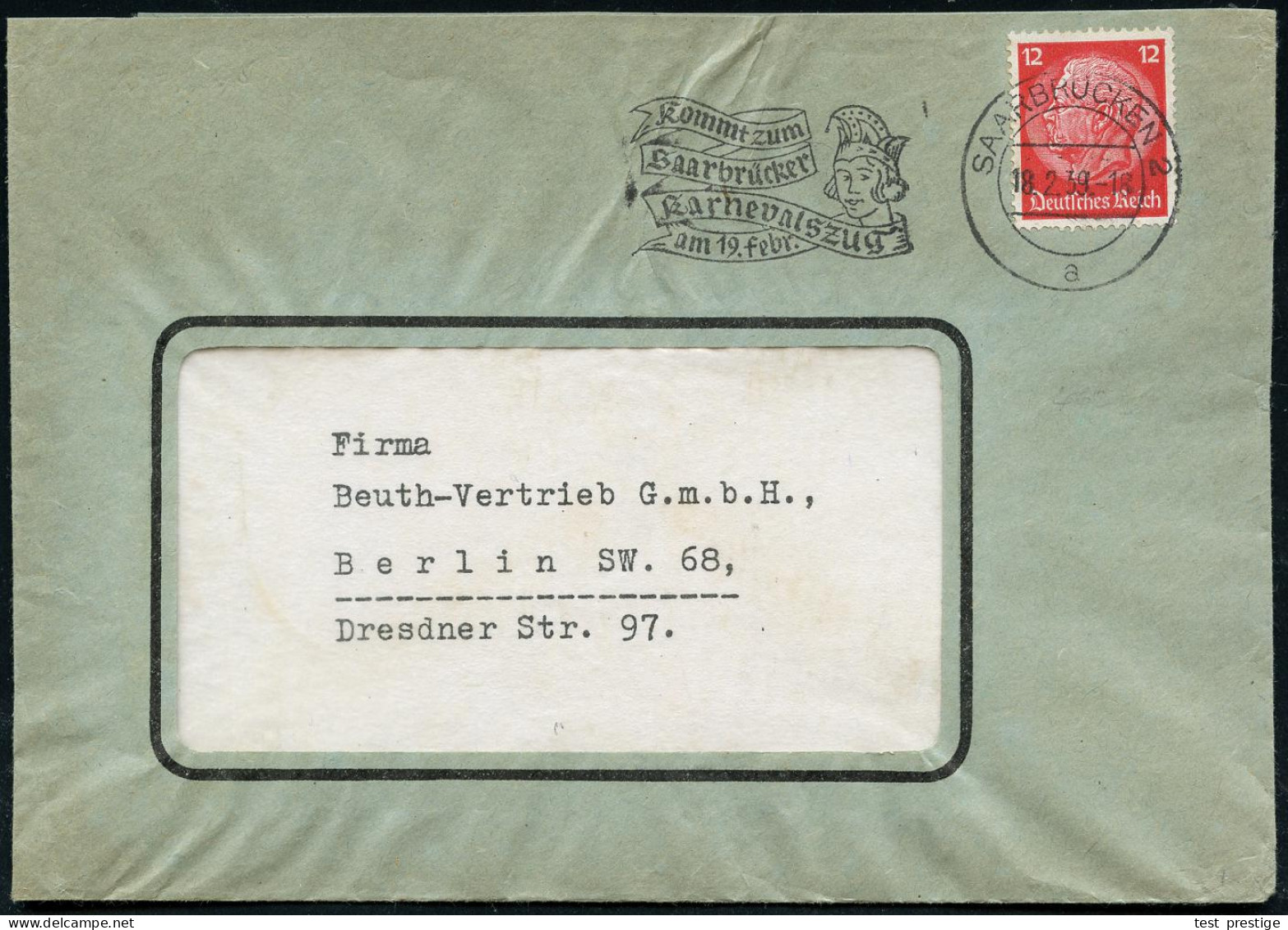 SAARBRÜCKEN 3/ A/ Saarbr./ Karnevalszug/ Am 19.Febr. 1939 (18.2.) MWSt = Narr Mit Narrenkappe , Klar Gest. Firmen-Bf. (B - Carnaval