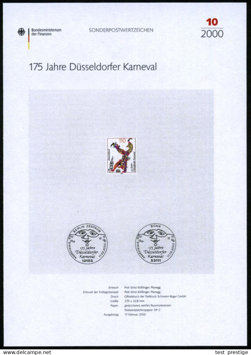 B.R.D. 2000 (Febr.) 110 Pf. "175 Jahre Düsseldorfer Karneval" (Radschläger) Mit Amtl. Handstempel  "M U S T E R" , Postf - Karnaval