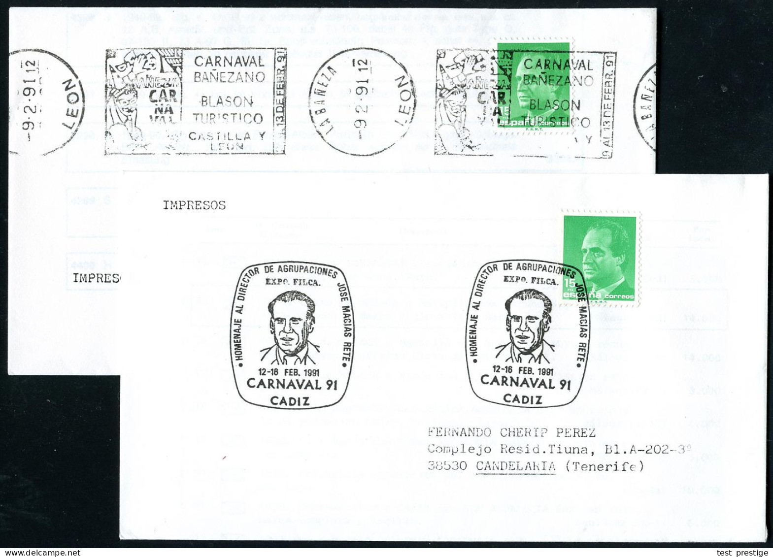 SPANIEN 1984/91 4 Verschiedene Kanevals-Sondeer-Stpl. (1x Band-MaWSt.) , 2x Cadiz, 1x Leon, 1x Sta. Cruz De Tenerife, 2x - Carnavales