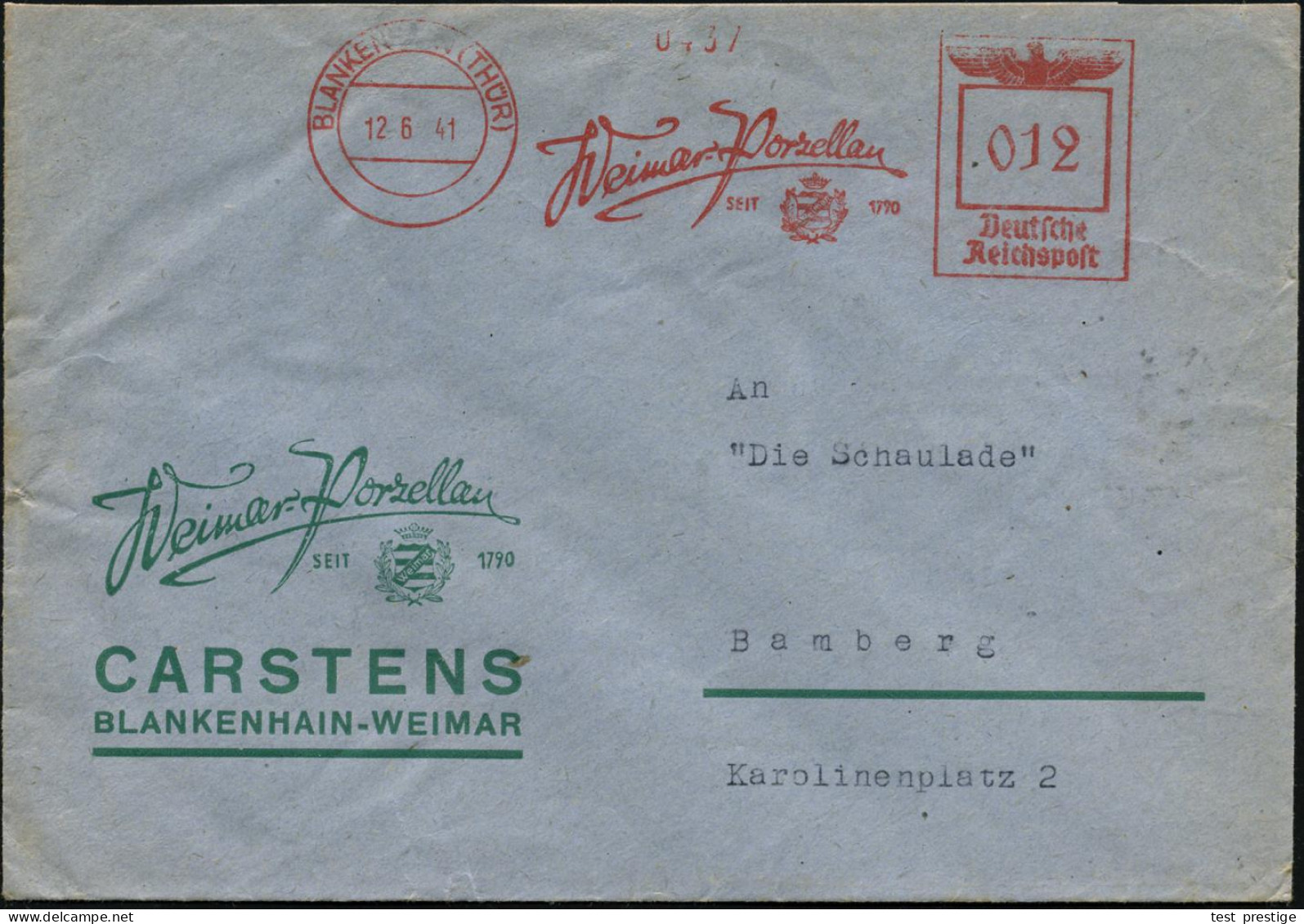 BLANKENHAIN (THÜR)/ Weimar-Porzellan/ SEIT 1790 1941 (12.6.) AFS Francotyp = Wappen-Signet (im Ort Oben Gering  Undeutl. - Porcelana