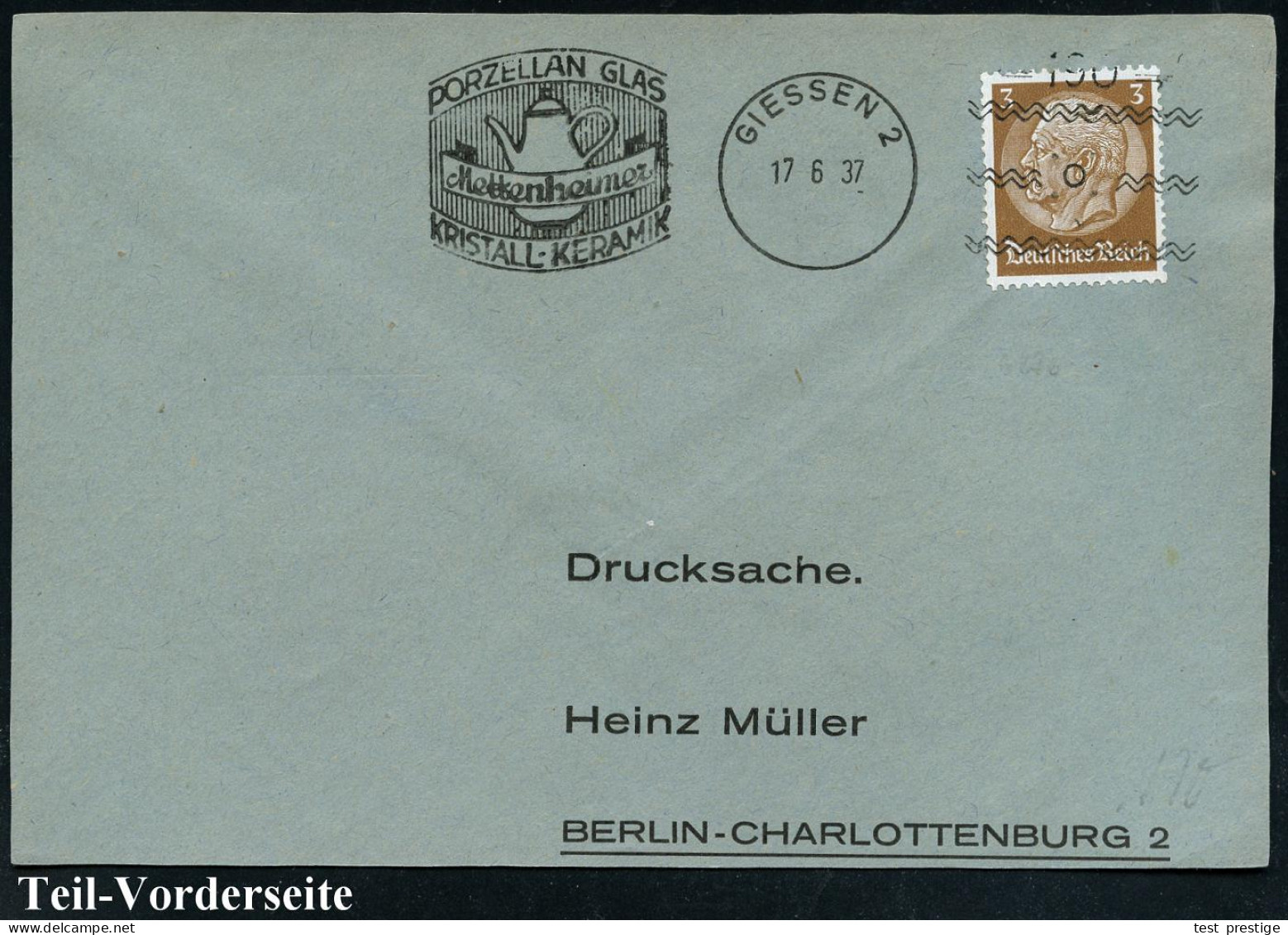 GIESSEN 2/ =190=/ PORZALLAN GLAS/ Mettenheimer/ KRISTALL-KERARMIK 1937 (17.6.) Seltener Freimarken-stempel Mit Kennung ( - Porselein