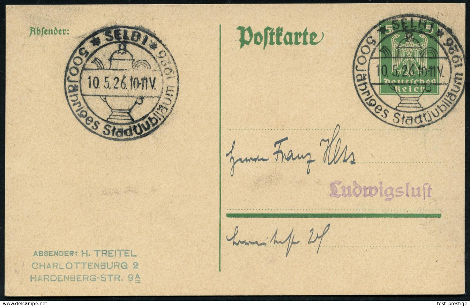 SELB 1/ 500 Jähriges Stadtjubiläum 1926 (10.5.) Seltener HWSt = Porzellan-Kaffeekanne , Klar Gest. Inl.-Karte (Bo.1 , N  - Porzellan