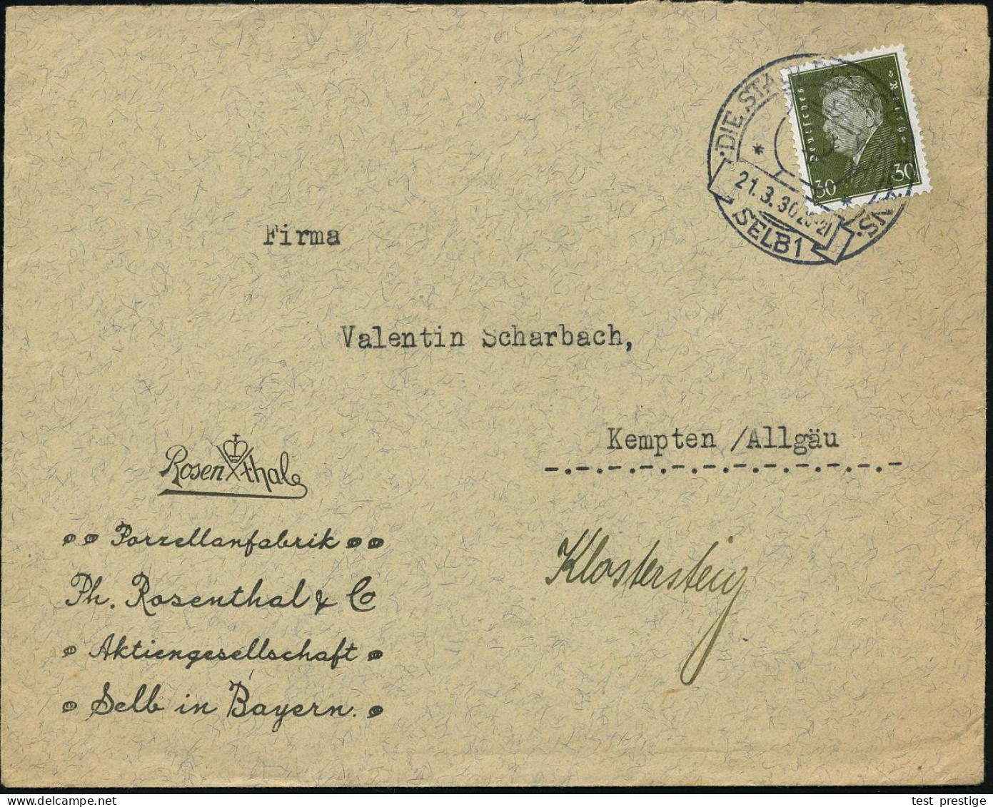 SELB 1/ DIE STADT DES PORZELLANS 1930 (21.3.) HWSt = Tee- Oder Kaffeekanne (mit Hirschgeweih) Dekorativer Firmen-Bf.: Ro - Porcelana