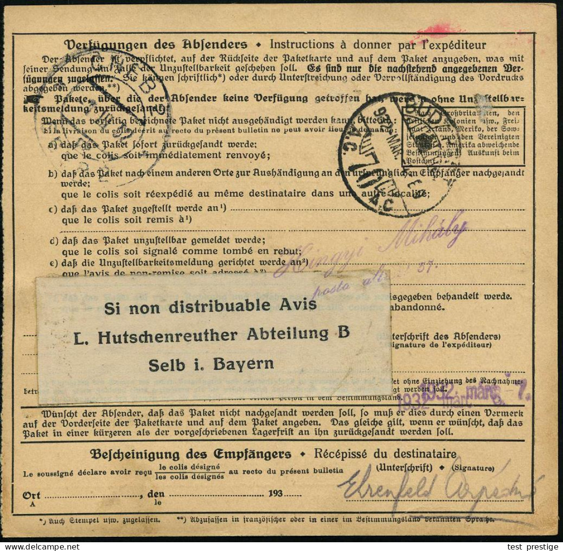 Selb 1/ Lorenz Hutschen-/ Reuther A.-G. Abt.B. 1932 (11.3.) Seltener Selbstbucher-Paketzettel + Viol. Doppeloval-PFS: SE - Porcelain