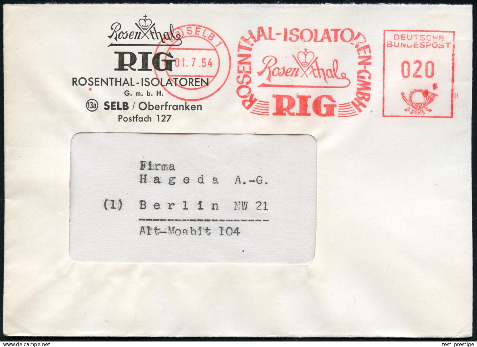 (13a) SELB 1/ ROSENTHAL-ISOLATOREN-GMBH/ RIG.. 1954 (1.7.) AFS (Firmen-Logo) Motivgl. Firmen-Bf.: RIG ROSENTHAL-ISOLATOR - Porzellan