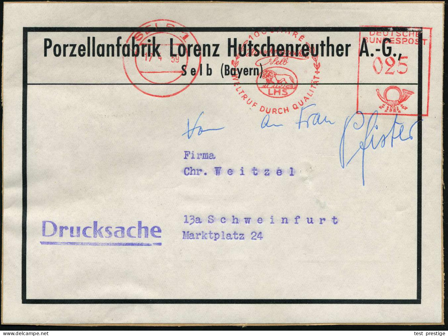 SELB 1/ 100 JAHRE/ Hutschenreuther.. 1959 (17.4.) AFS Francotyp 025 Pf. (Löwe) Auf Adreß-Auskleber: Porzellanfabrik Lore - Porcelana