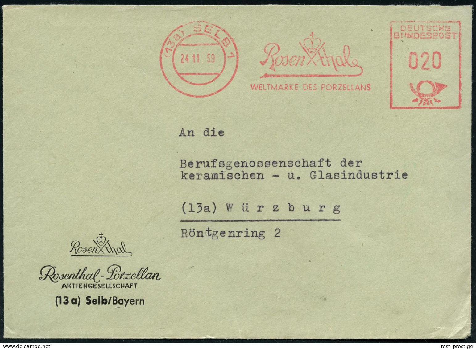 (13a) SELB 1/ Rosenthal/ WELTMARKE DES PORZELLANS 1959 (24.11.) AFS (Firmen-Logo) Motivgl. Firmen-Bf. (Dü.E-23CO) - KERA - Porzellan