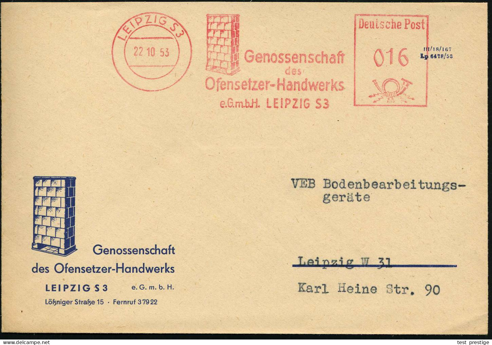 LEIPZIG S3/ Genossenschaft/ Des/ Ofensetzer-Handwerks 1953 (22.10.) AFS = Kachelofen , Dekorativer, Motivgl. Reklame-Bf. - Porcelaine