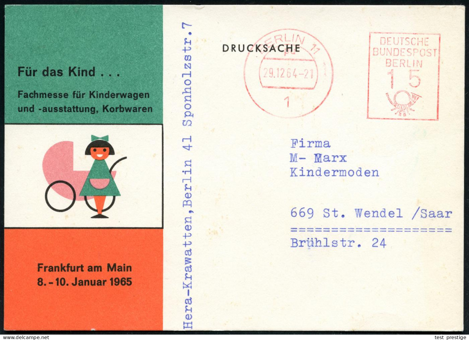 1 BERLIN 11/ Pu/ DEUTSCHE/ BUNDESPOST/ BERLIN 1964 (29.12.) PFS Posthorn 15 Pf. Auf Color-Reklame-Kt.: Für Das Kind, Fac - Otros & Sin Clasificación