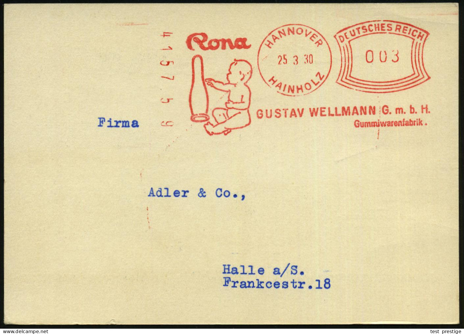 HANNOVER/ HAINHOLZ/ GUSTAV WELLMANN GmbH/ Gummiwarenfabrik 1930 (25.3.) Seltener AFS-Typ "Komusina" = Baby, Gr. Gummisau - Other & Unclassified