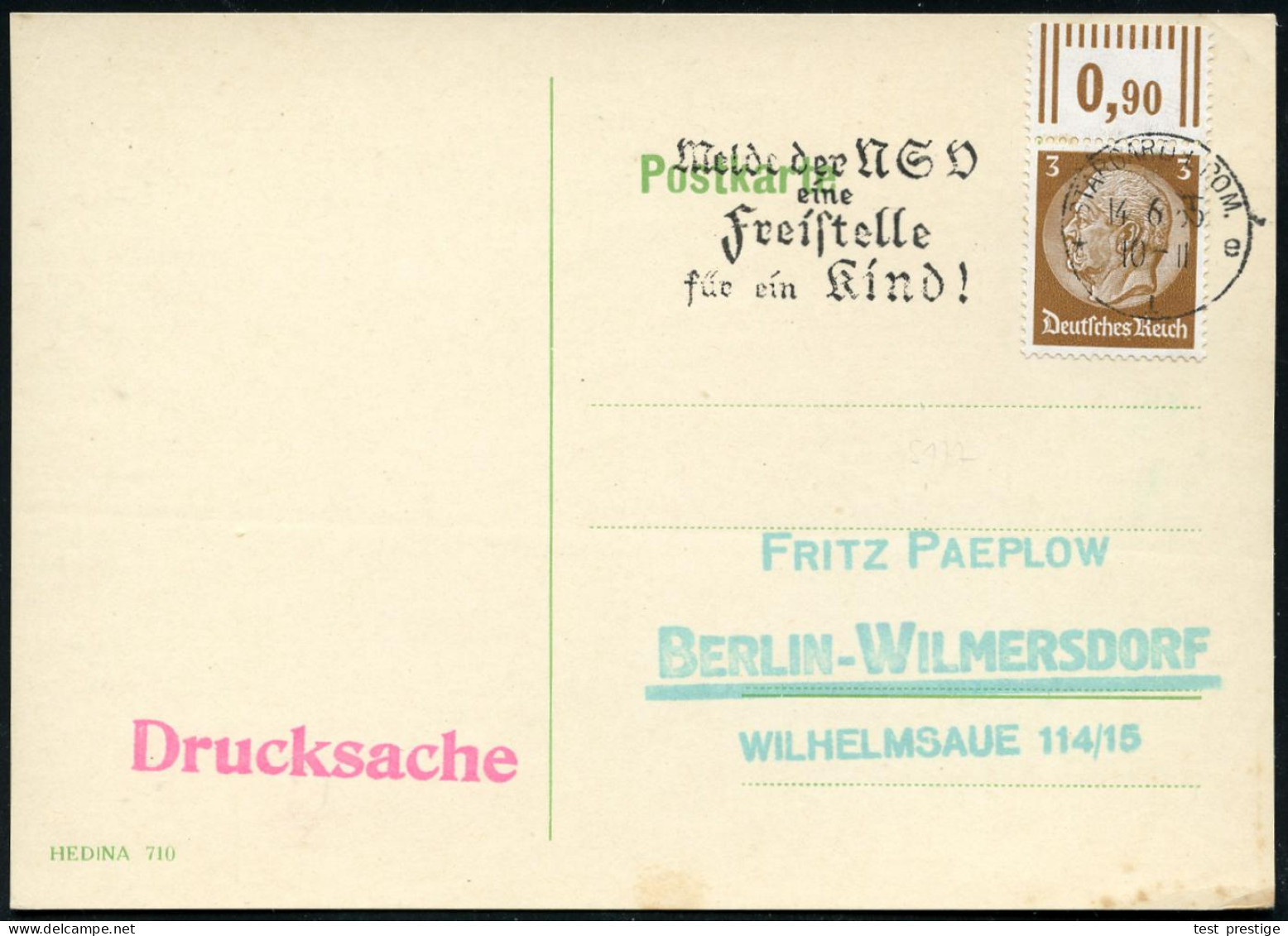 STARGARD I.POM. 1935 (14.6.) Seltener MWSt Auf Inl.-Karte (Bo.S 177 A, Nur In 6 Orten Verwendet) - KIND / KLEINKIND / KI - Sonstige & Ohne Zuordnung