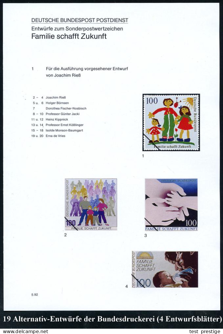 B.R.D. 1992 (Mai) 100 Pf. "Familie Schafft Zukunft", 20 Verschied. Color-Alternativ-Entwürfe D. Bundesdruckerei Auf 4 En - Sonstige & Ohne Zuordnung