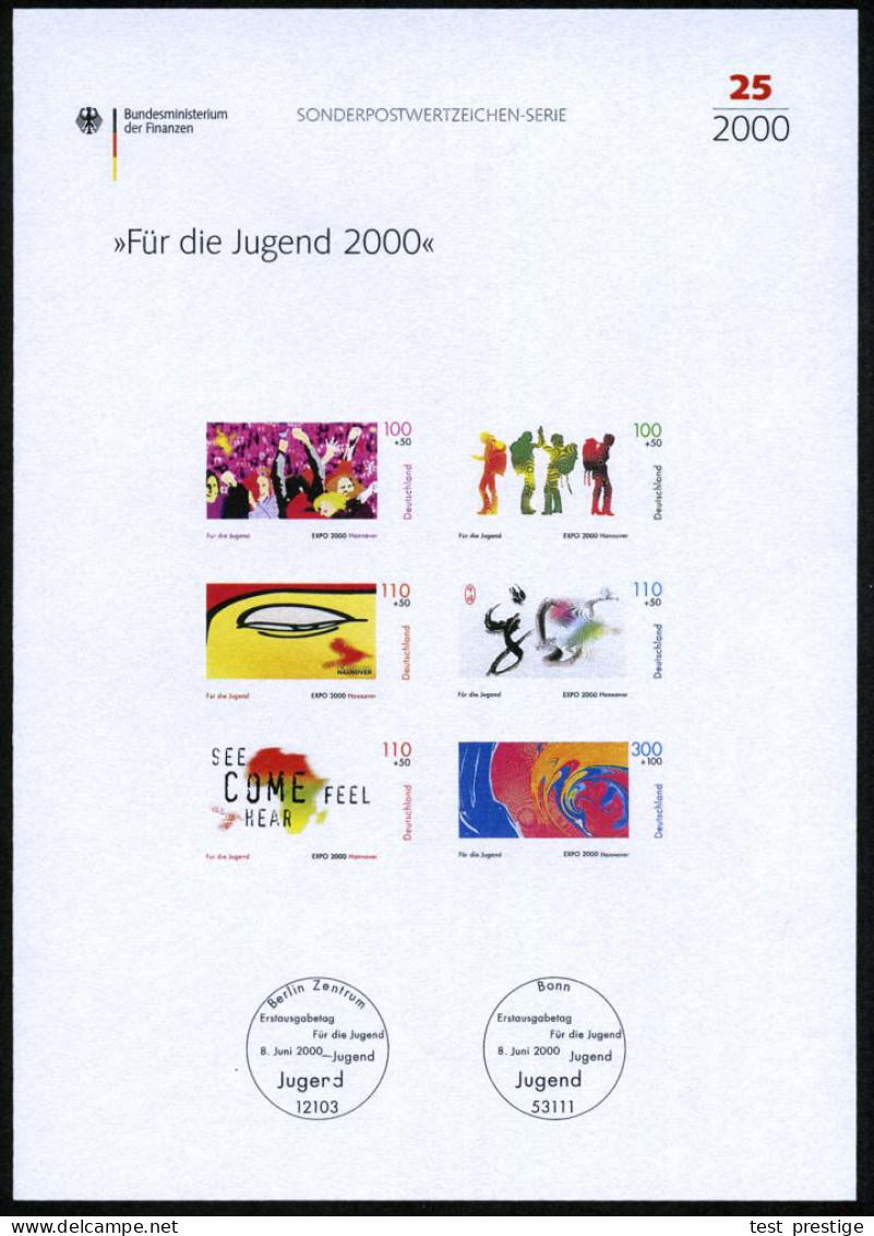 B.R.D. 2000 (Juni) "Jugend auf der EXPO 2000" (Hannover) kompl. Satz, jede Marke mit amtl. Handstempel  "M u s t e r" , 