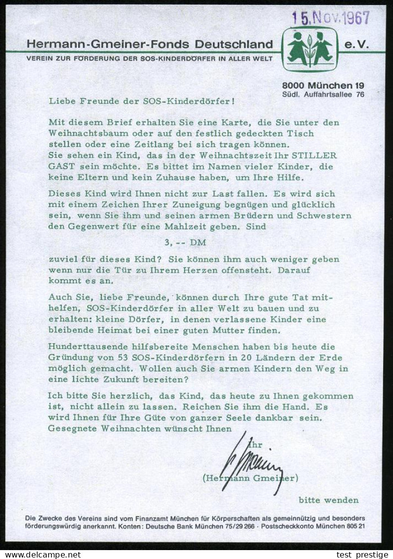 8 MÜNCHEN 25/ GEBÜHR BEZAHLT/ Hermann-Gmeiner-Fonds/ ..SOS-Kinderdörfer.. 1967 (Nov.) AFS Francotyp 00-Datum + 000-Porto - Otros & Sin Clasificación