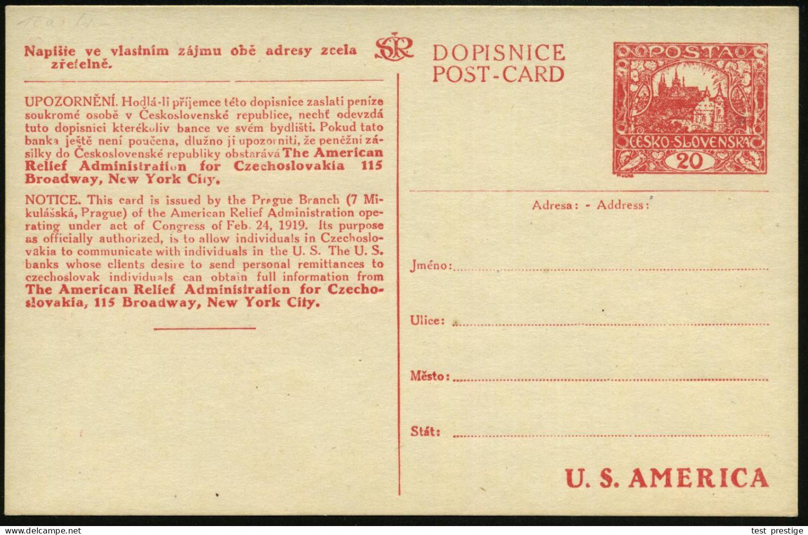 TSCHECHOSLOWAKEI 1919 Sonder-P. 20 H. Hradschin, Rot: The American Relief Administration For Czechoslovakia.. = US.-Kind - Other & Unclassified