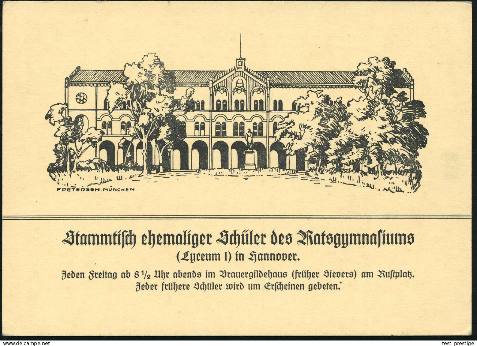 Hannover 1938 PP 5 Pf. Adler, Grün: Stammtisch Ehem. Schüler Des Ratsgymnasiums/(Lyceum I).. (Brauereigildehaus) Ungebr. - Sonstige & Ohne Zuordnung