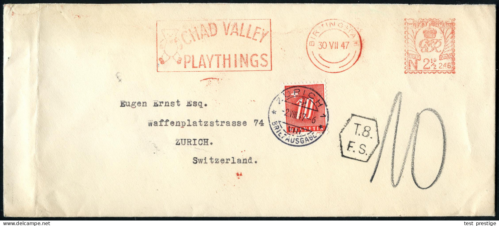 GROSSBRITANNIEN 1947 (30.7.) AFS Neopost: BIRMINGHAM/N 246/CHAD VALLEY/PLAYTHINGS = Teddy-Bär + Nachporto Schweiz 10 C., - Unclassified