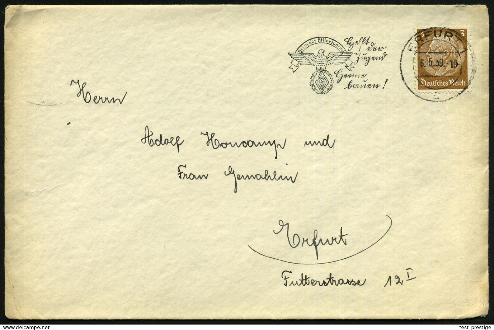 ERFURT 1/ A/ Heim Der Hitlerjugend/ Helft/ Der/ Jugend/ Heime/ Bauen! 1939 (6.5.) Seltener MWSt, Teils Sütterlin = Adler - Sonstige & Ohne Zuordnung