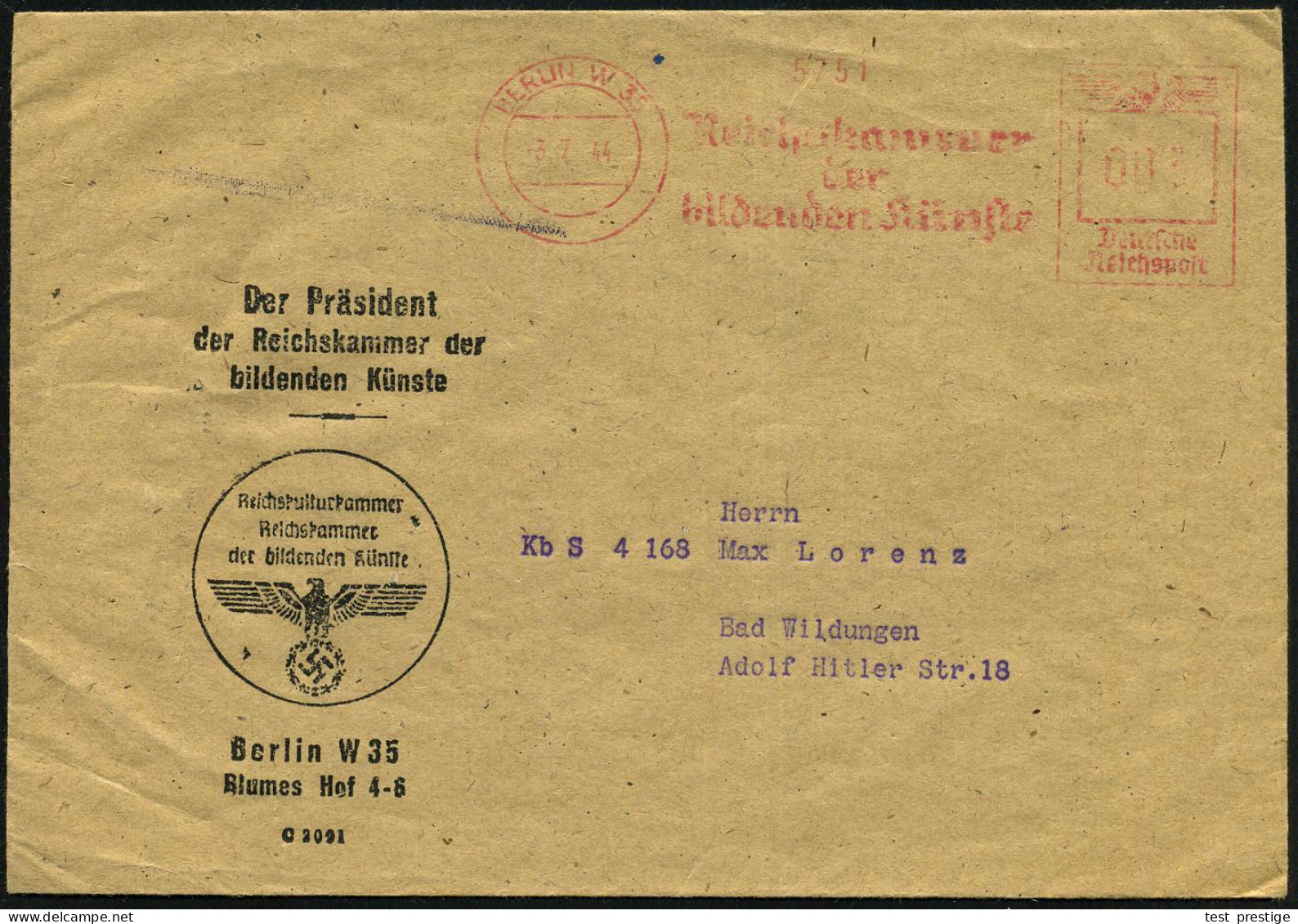 BERLIN W35/ Reichskammer/ Der/ Bildenden Künste 1944 (3.7.) AFS Francotyp Auf Dienst-Bf: Der Präsident Der Reichskammer. - Autres