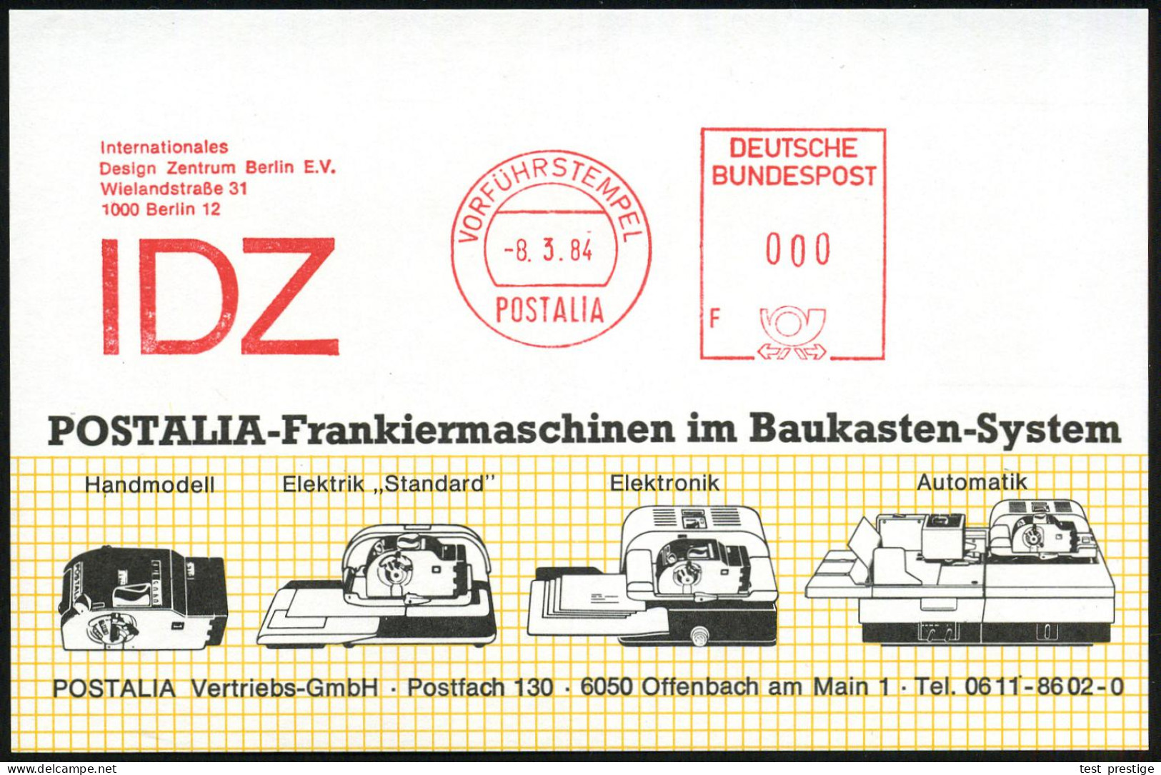 1000 Berlin 12 1984 (8.3.) AFS: VORFÜHRSTEMPEL/POSTALIA/Internat./Design Zentrum Berlin E.V. (Monogr.) Seltene Postalia- - Autres