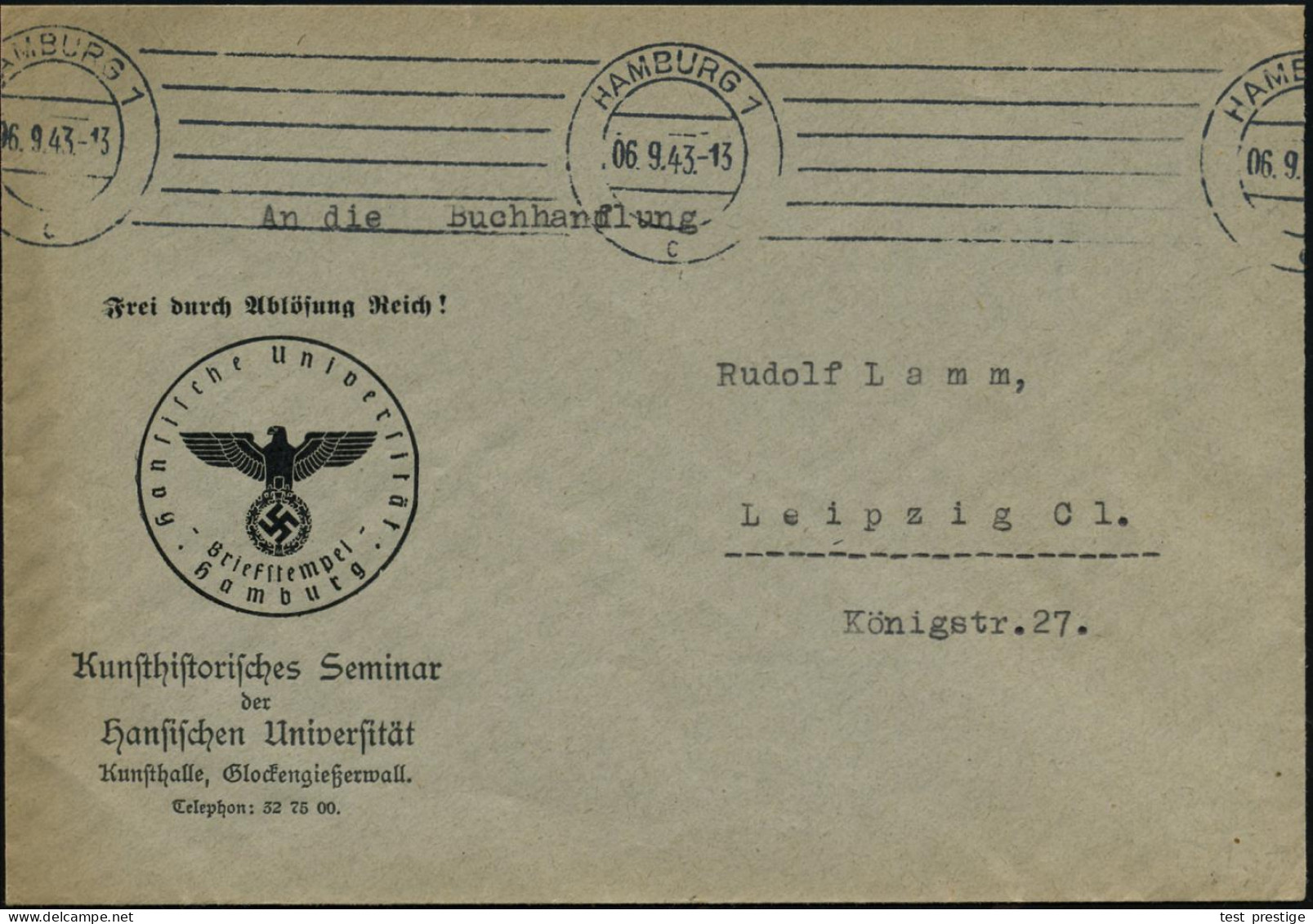 HAMBURG 1/ C 1943 (6.9.) Band-MaSt Auf Dienst-Bf.: FdAR/ Kunsthistor. Seminar/der/ Hansischen Universität/Kunsthalle.. ( - Autres