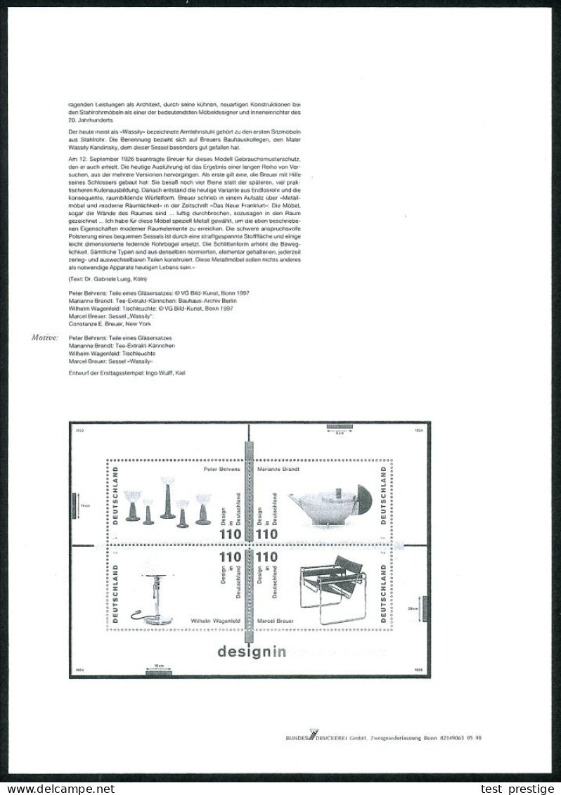 B.R.D. 1998 (Aug.) 110 + 110 + 110 + 110 Pf. Block "Design In Deutschland" Mit 4x Amtl. Handstempel  "M U S T E R"  , Da - Other