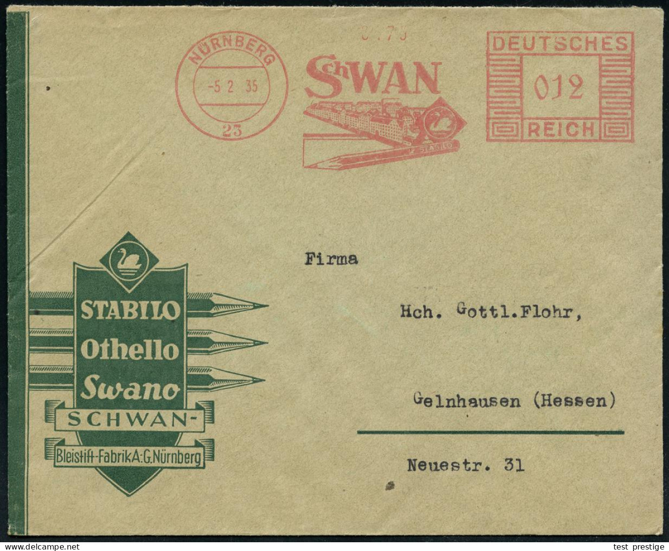 NÜRNBERG/ 25/ SCHWAN 1935 (5.2.) Dekorativer AFS Francotyp "Mäanderrechteck" = Fabrikgelände, Bleistift U. Schwan , Moti - Otros