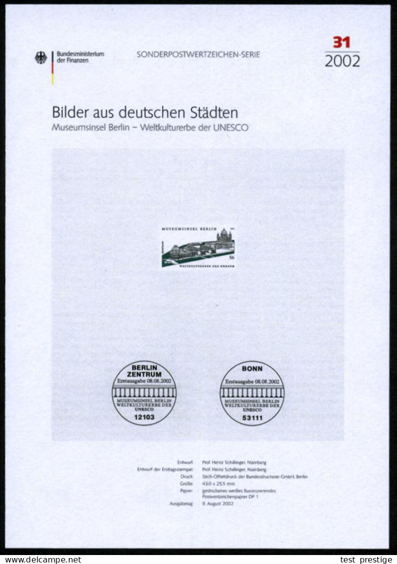 B.R.D. 2002 (Aug.) 56 C. "Museumsinsel Berlin" (UNESCO-Weltkulturerbe) Mit Amtl. Handstempel  "M U S T E R" , Postfr. +  - Museums