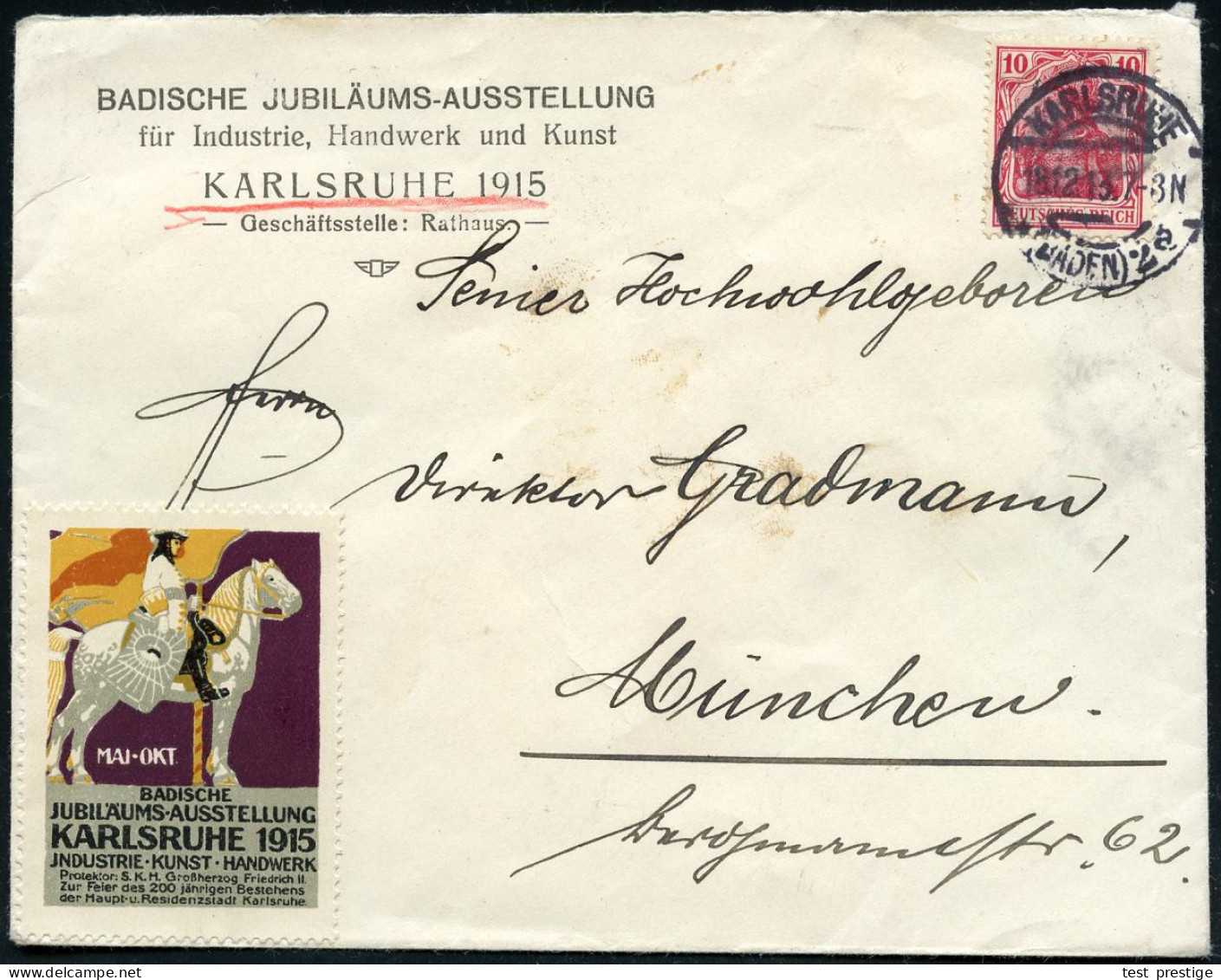 KARLSRUHE/ *(BADEN)2/ A 1915 (18.12.) 1K-Brücke Auf EF 10 Pf. Germania Auf Offiz. Dienst-Bf.: BADISCHE JUBILÄUMS-AUSSTEL - Autres & Non Classés