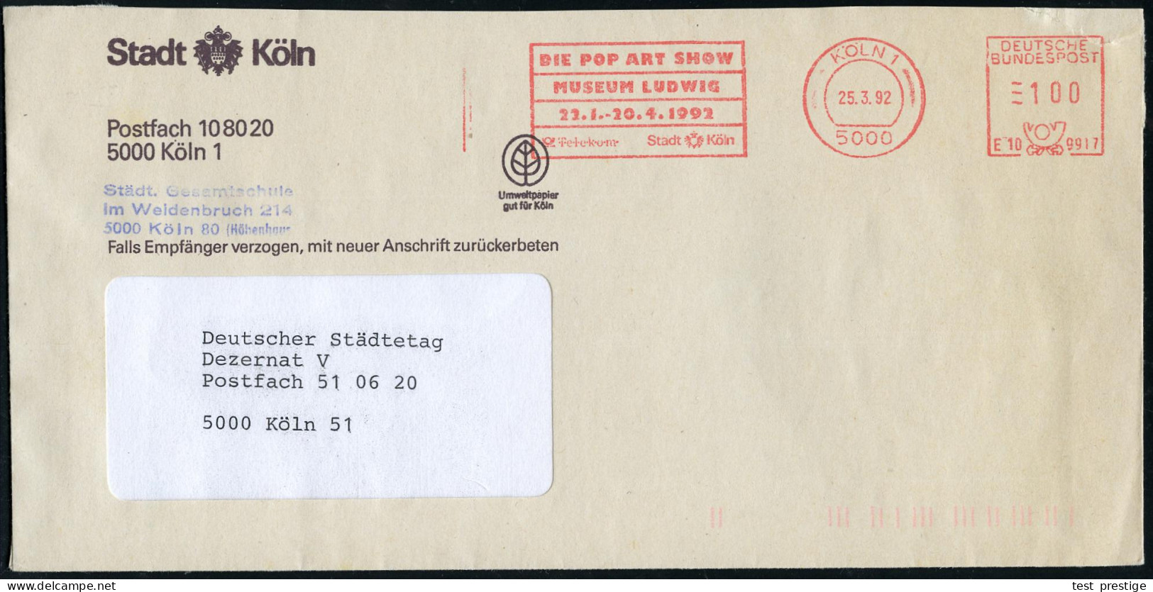 5000 KÖLN 1/ DIE POP ART SHOW/ MUSEUM LUDWIG/ 27.1.-20.4.1992/ ..Stadt Köln 1992 (23.3.) AFS Pitney-Bowes Mit Kennung Au - Other & Unclassified