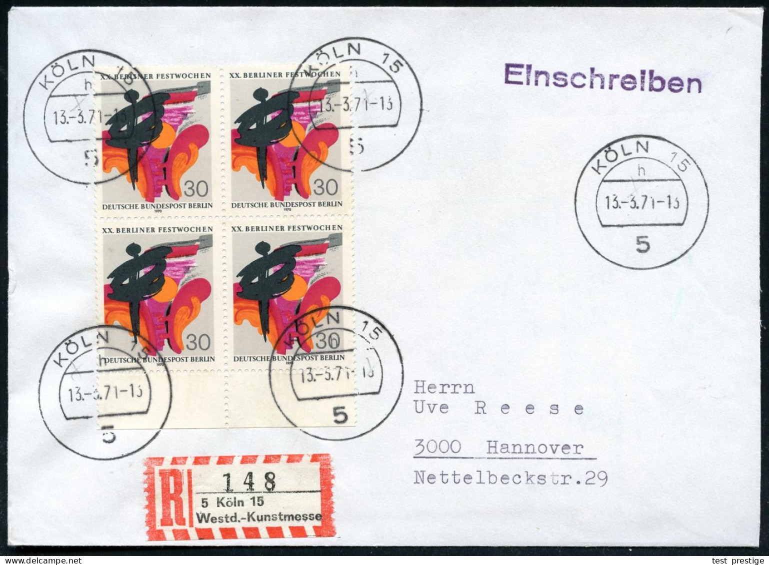 BERLIN /  BRD 1971 (13.3.) 30 Pf. "XX. Berliner Festwochen", Reine MeF: Rand-4er-Block = Farb-Grafik , Einzeln Klar Gest - Altri & Non Classificati