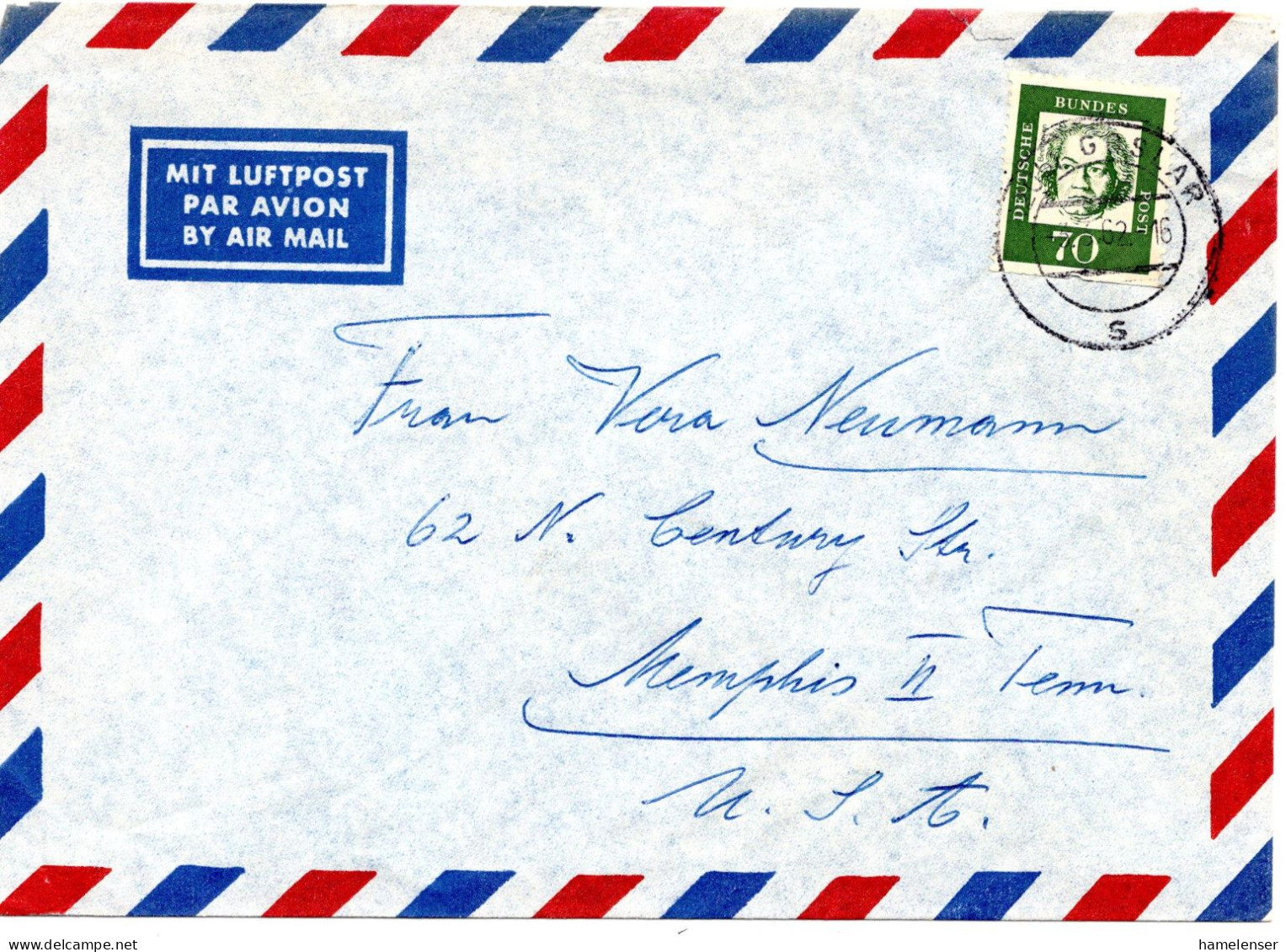 69777 - Bund - 1962 - 70Pfg Beethoven EF A LpBf GOSLAR -> Memphis, TN (USA) - Lettres & Documents
