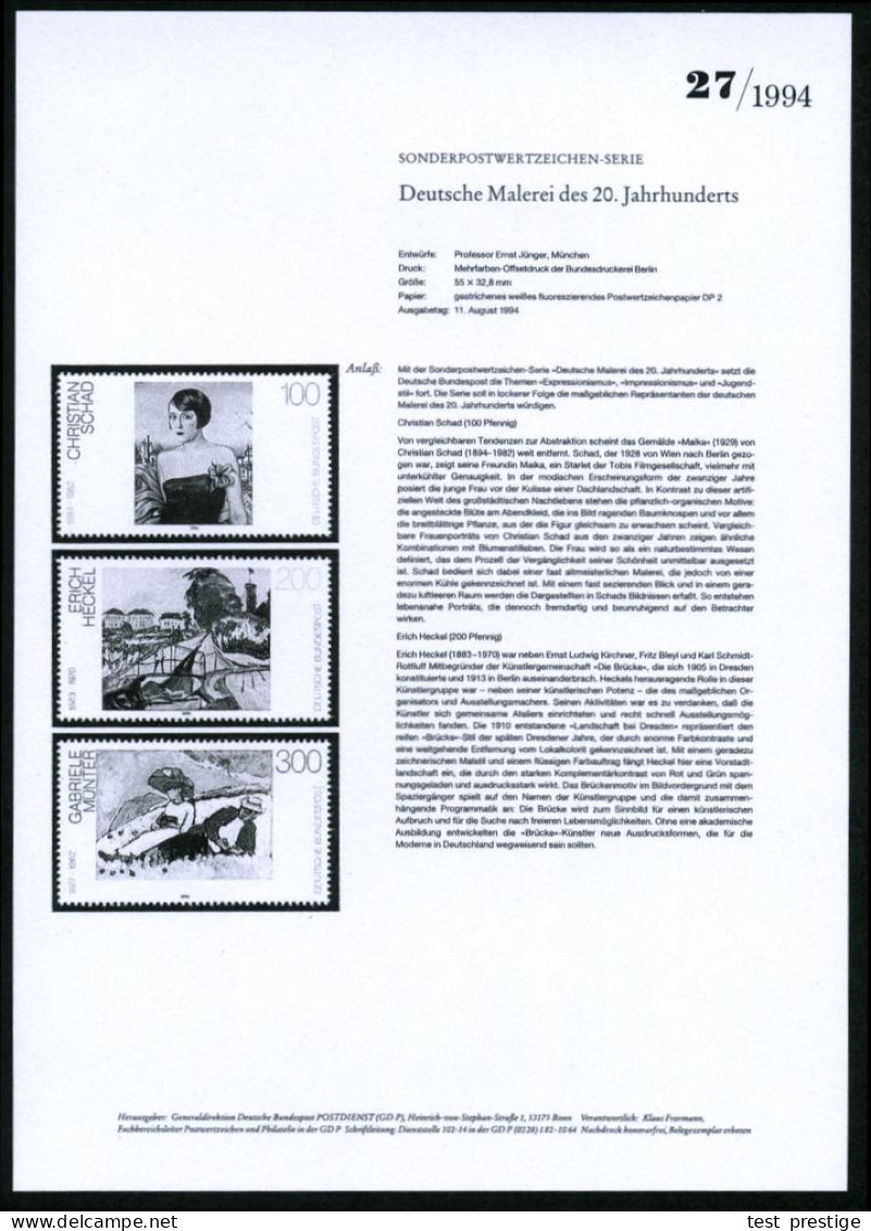 B.R.D. 1994 (Aug.) "Deutsche Malerei 20. Jahrhundert", Kompl. Satz = 100 Pf. Christian Schad ("Maika"), 200 Pf. E. Hecke - Sonstige & Ohne Zuordnung