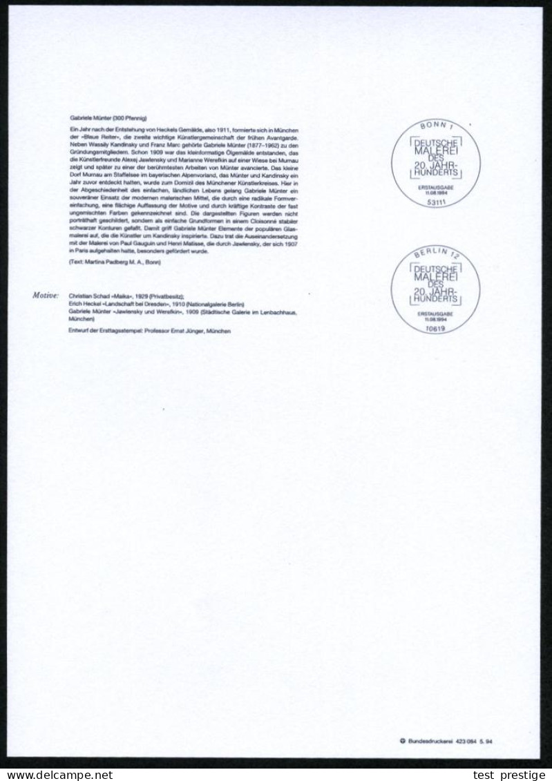 B.R.D. 1994 (Aug.) "Deutsche Malerei 20. Jahrhundert", Kompl. Satz = 100 Pf. Christian Schad ("Maika"), 200 Pf. E. Hecke - Sonstige & Ohne Zuordnung