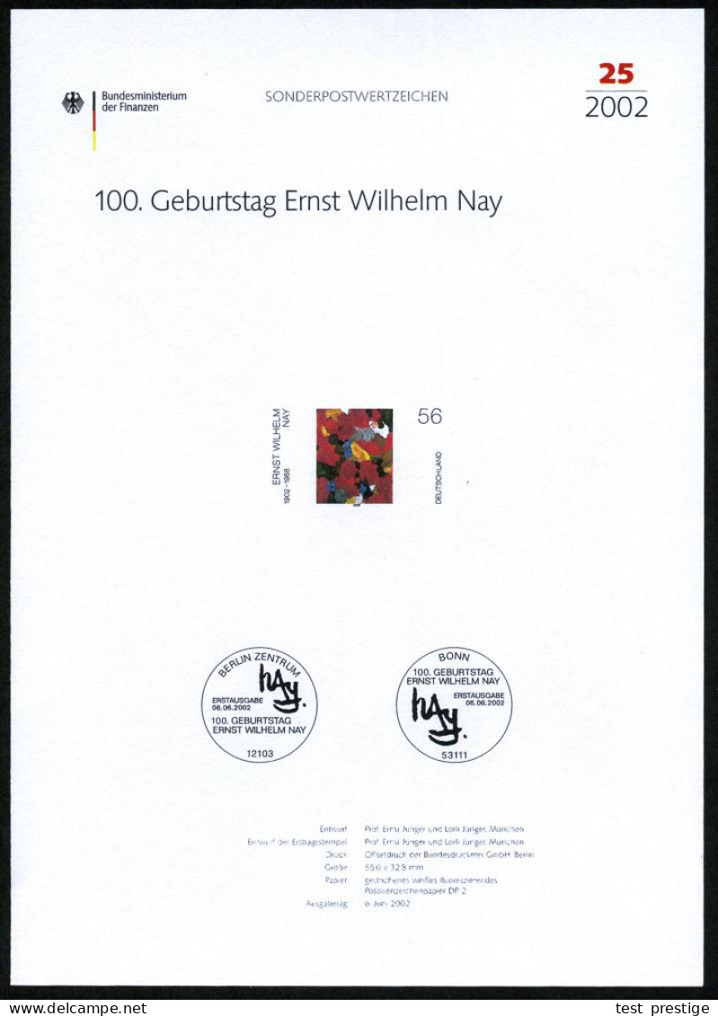 B.R.D. 2002 (Juni) 56 C. "100. Geburtstag E. W. Nay" , Gemalde "Gelbfeder In Rot" Mit Amtl. Handstempel  "M U S T E R" , - Other & Unclassified